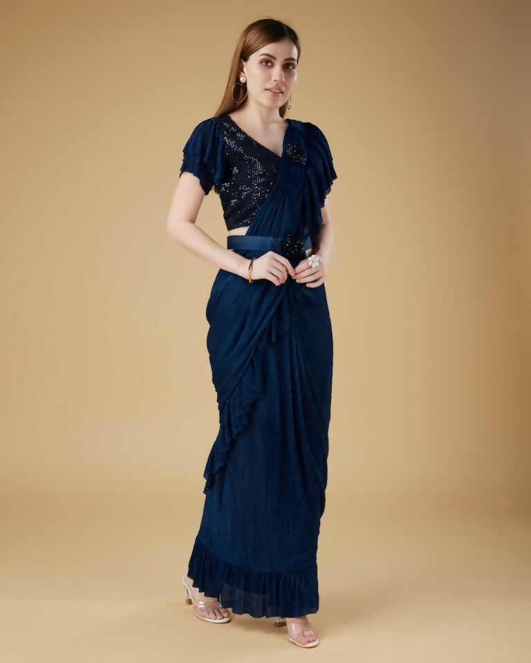 Blue Imported Crush Solid Ready to Wear Saree with stitched Blouse - Aayan
