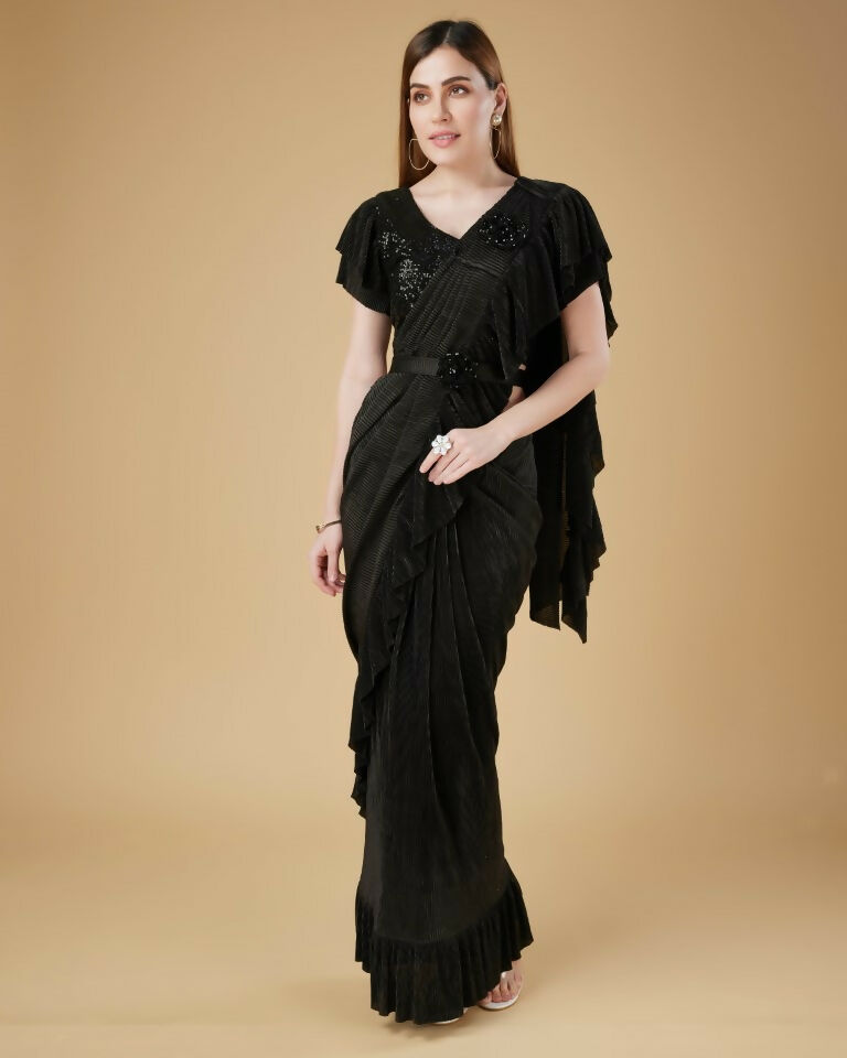 Black Imported Crush Solid Ready to Wear Saree with stitched Blouse - Aayan