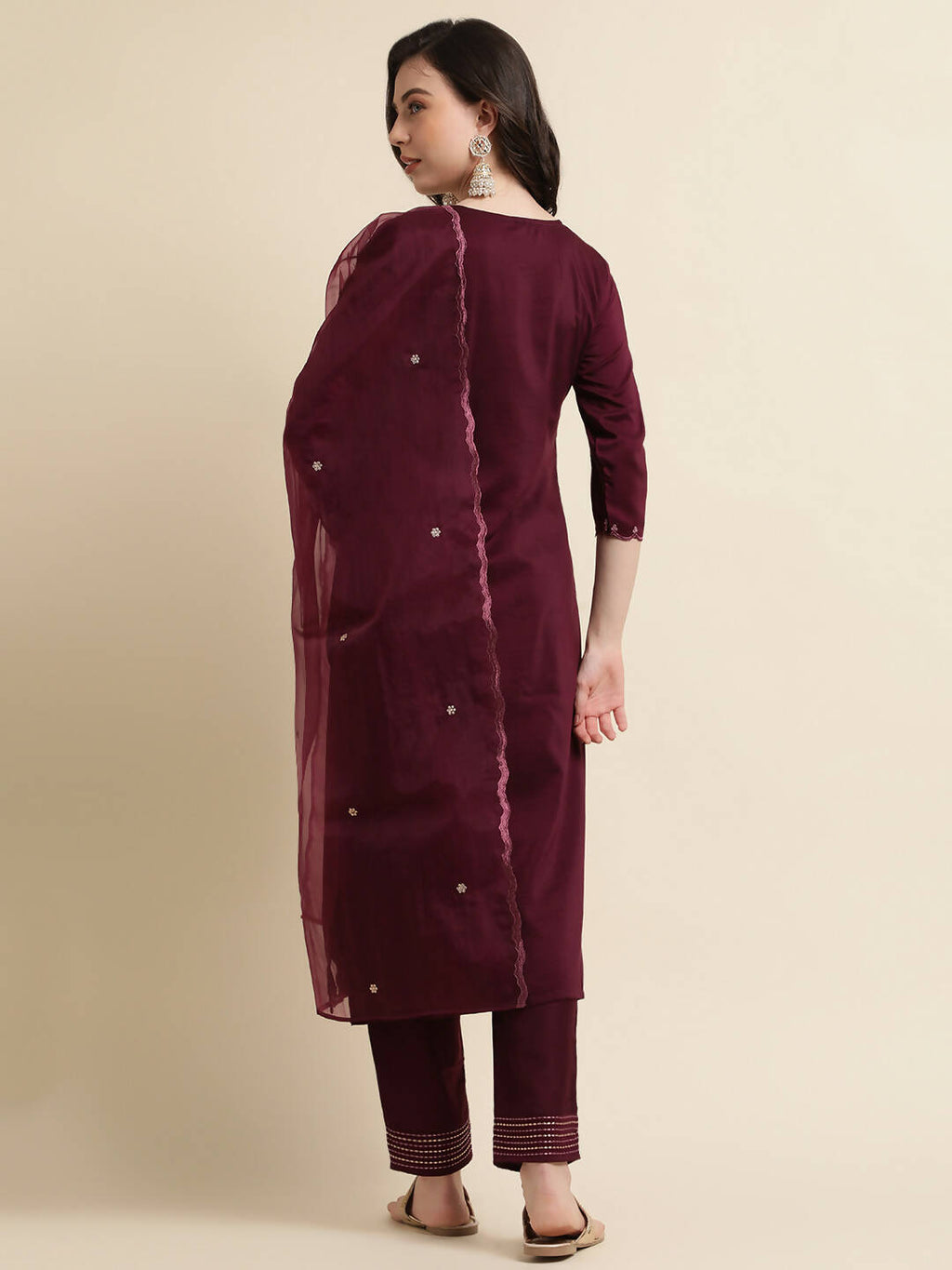 Purple Chinon Silk Embroidered Straight Kurta with Trouser & Dupatta - Salimar