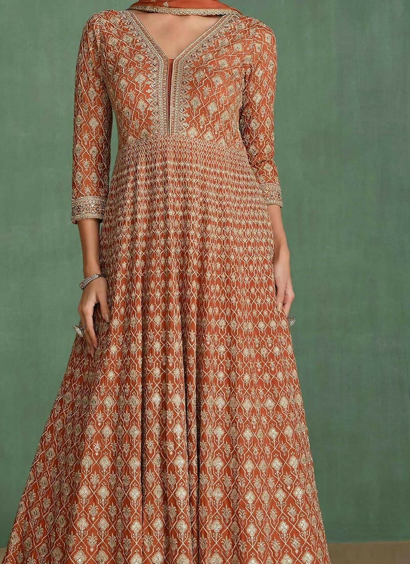 Vastranavya Brown Georgette Seroski Diamond Embroidered Sequins A Line Stunning Anarkali Suit