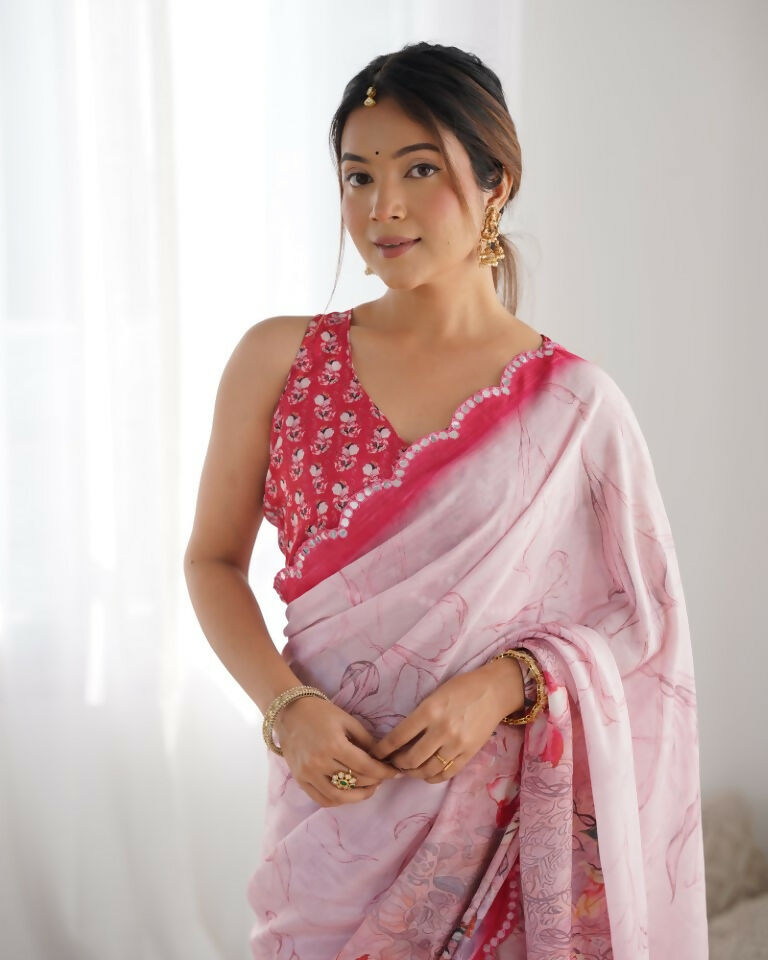Pink Chinon Designer Digital Printed & Mirror Cut Work Saree - Kriti