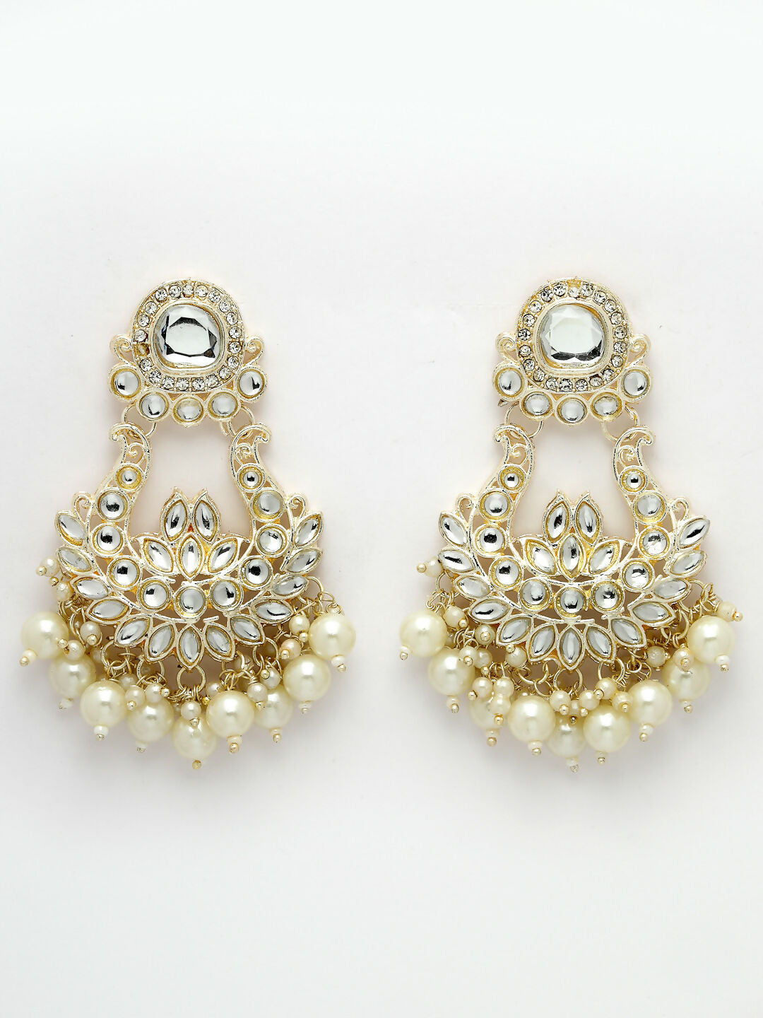 NVR Women Gold-Polished Kundan Chandbali Earrings