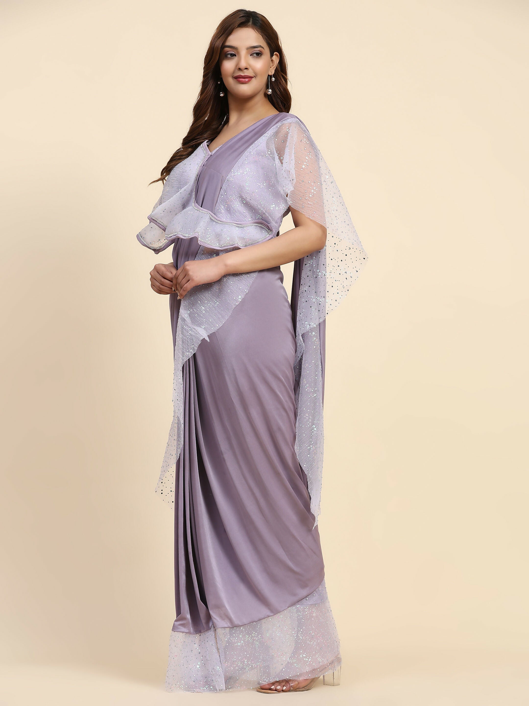 Light Purple Lycra Solid Ready to Wear Saree with stitched Blouse - Nita