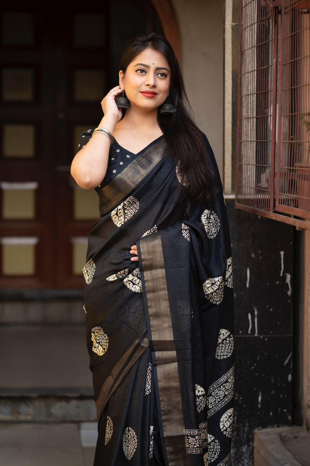 Black Cotton Crepe Batik Print Saree with Unstitched Blouse - Hiral Fashion