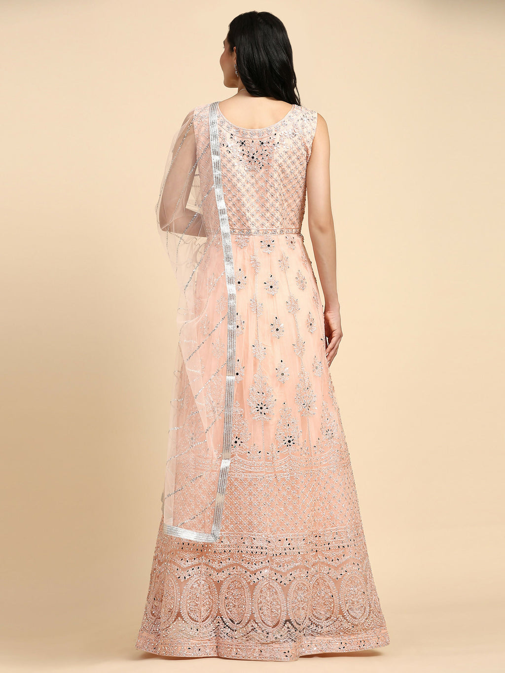 Peach Net Hand Embroidered Gown - Rudrani