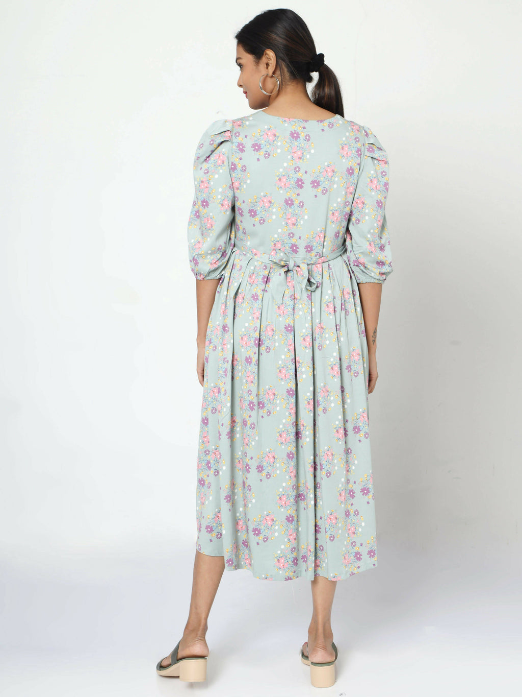 Manet Three Fourth Maternity Dress Pink Floral Print With Concealed Zipper Nursing Access - Green