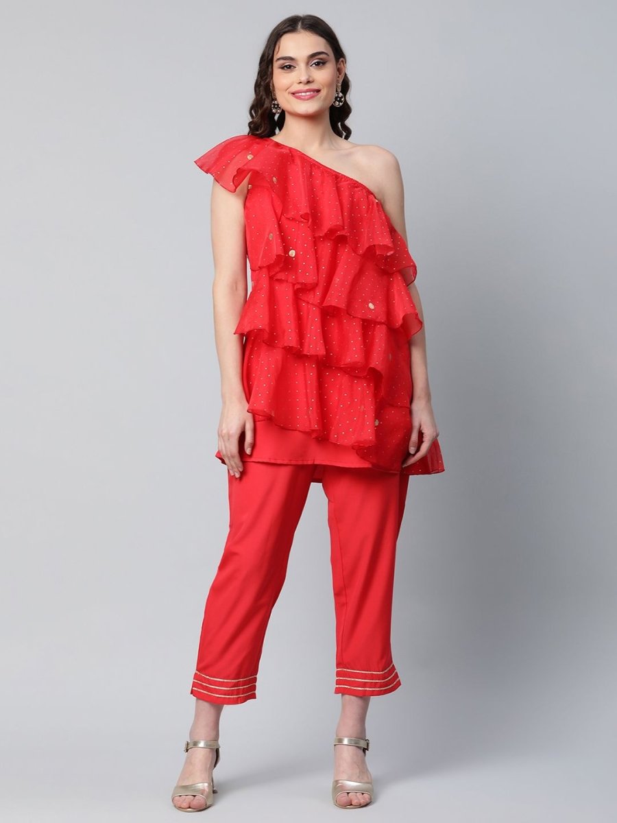 Ahalyaa Women Red Printed Layered Top with Trousers