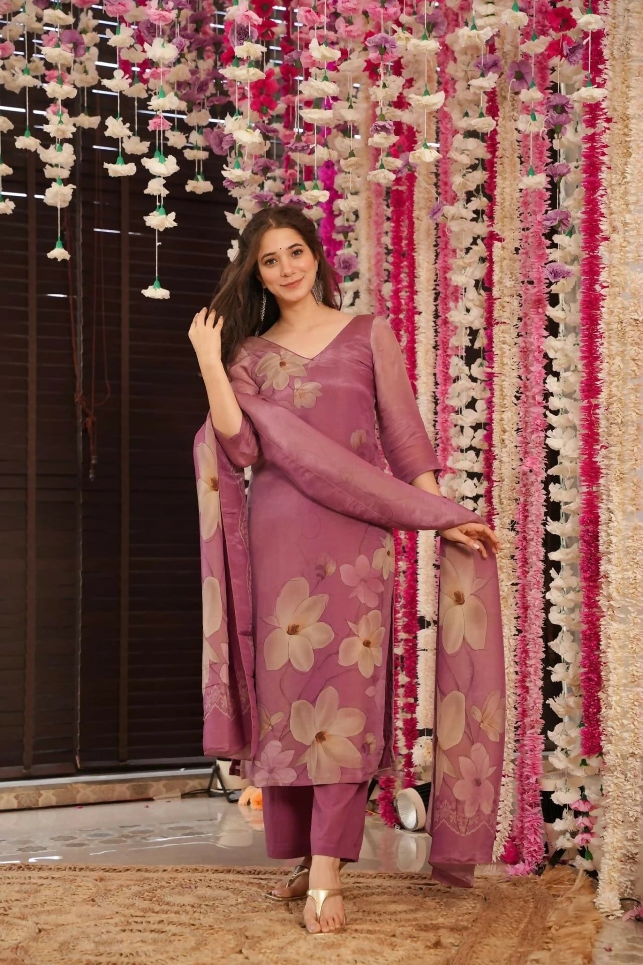 The52 Onion Gorgeous Floral Printed Zarna Silk Fabric Straight Kurta Pant with Dupatta Set