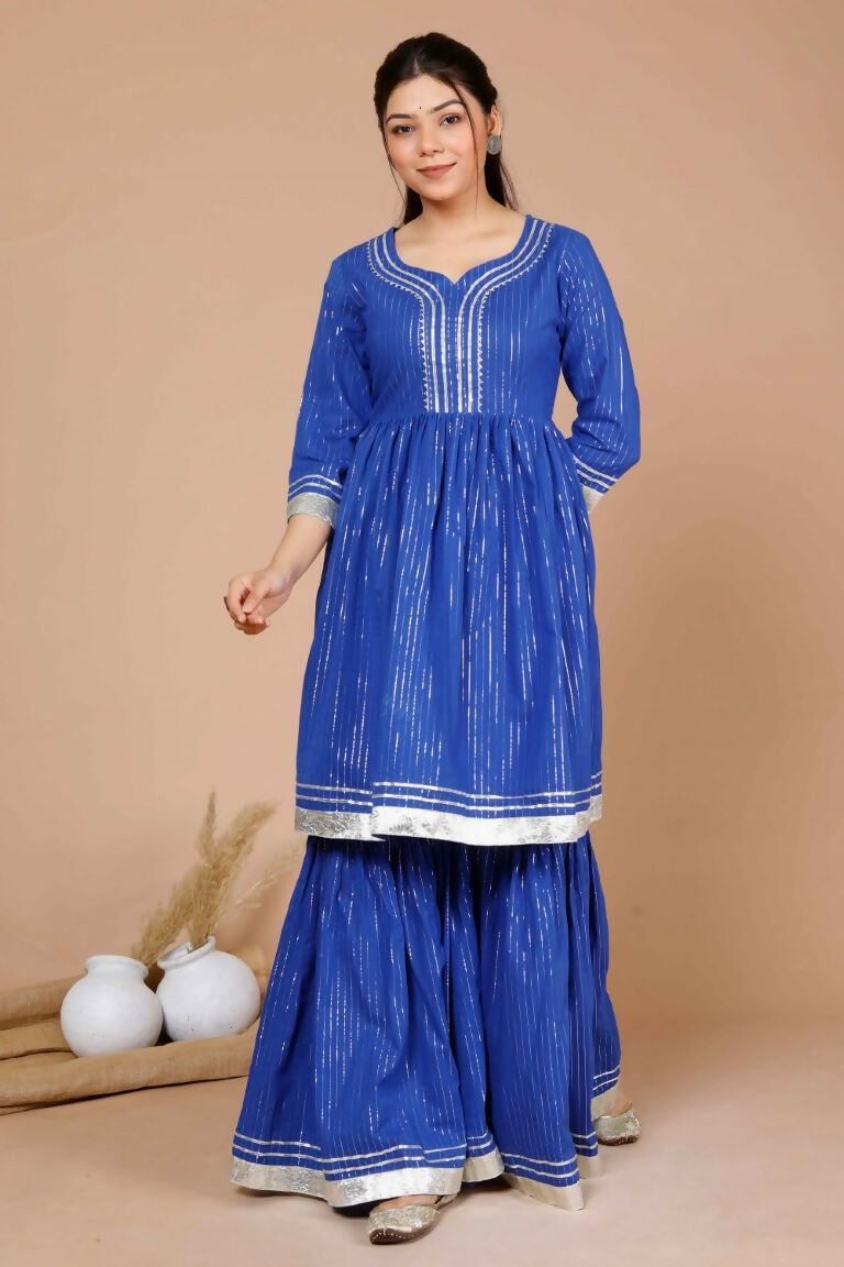 Miravan Women's Blue Printed Pure Cotton A-Line Kurti With Sharara