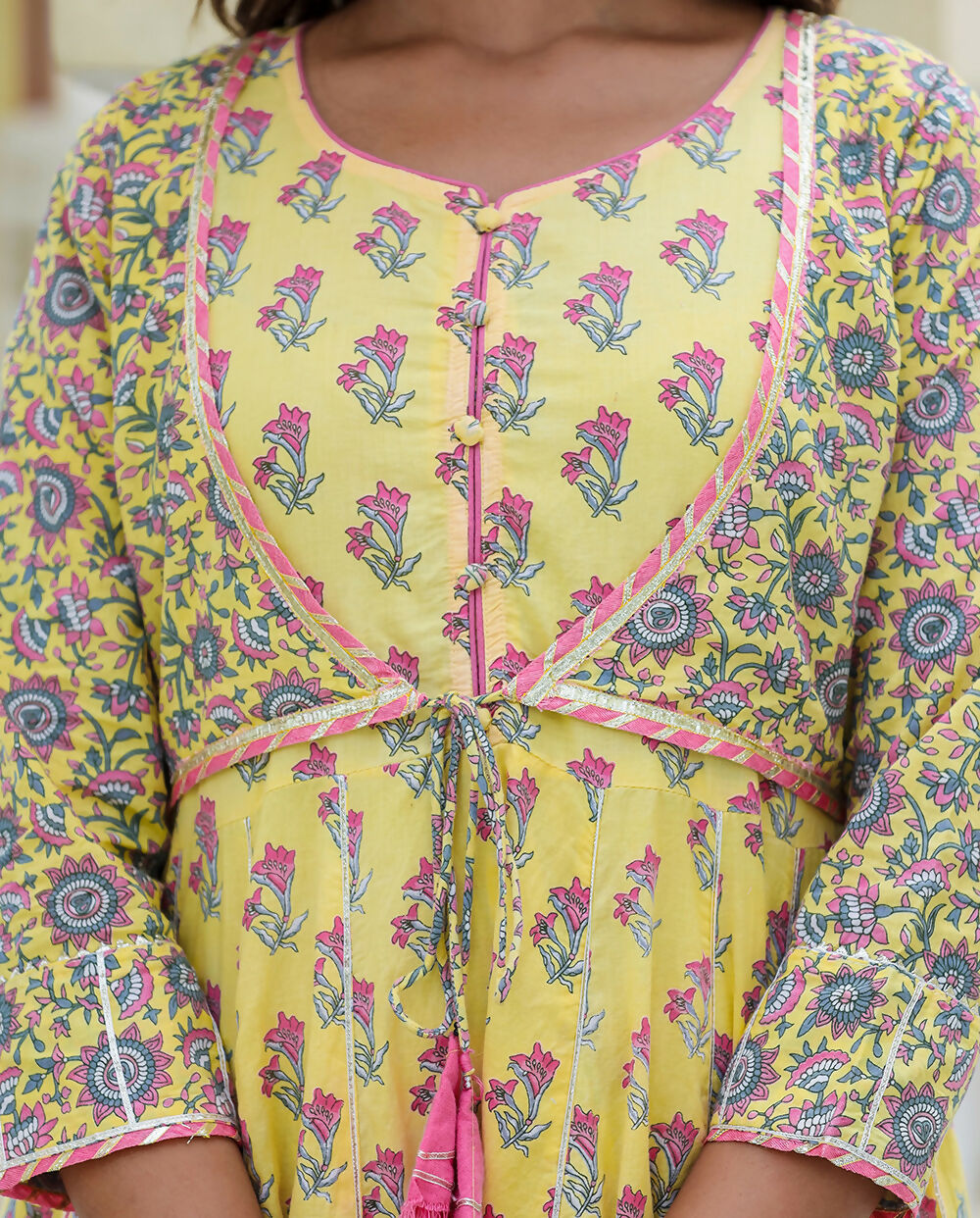 Kaajh Women's Yellow Floral Paplum Kurta Sharara Set With Dupatta