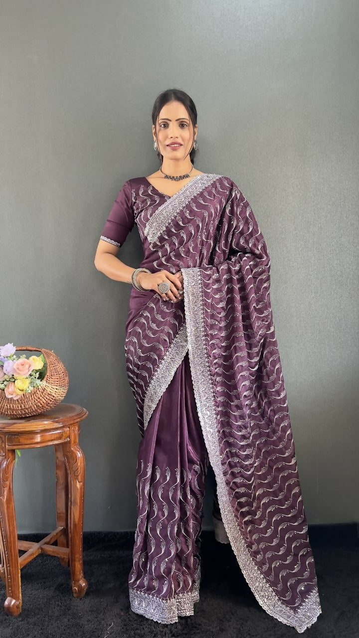 Vastranavya Purple Chinnon Silk Embroidery Multi Sequence & Arco Cut Work Ready to Wear Saree