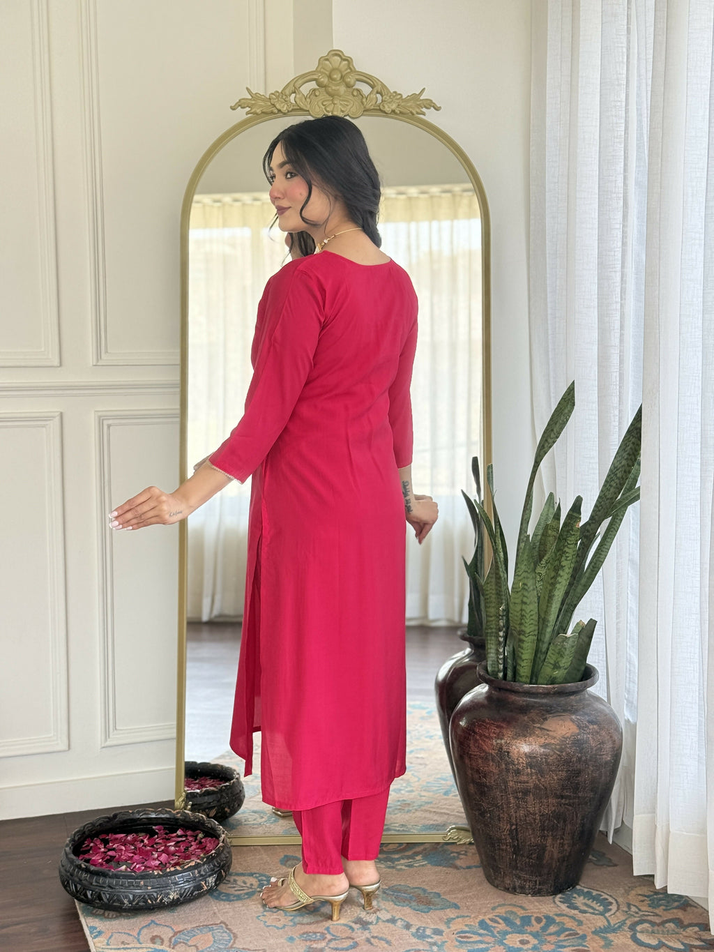 The52 Rani Gorgeous Embroidered Chanderi Silk Fabric Straight Kurta Pant with Dupatta Set