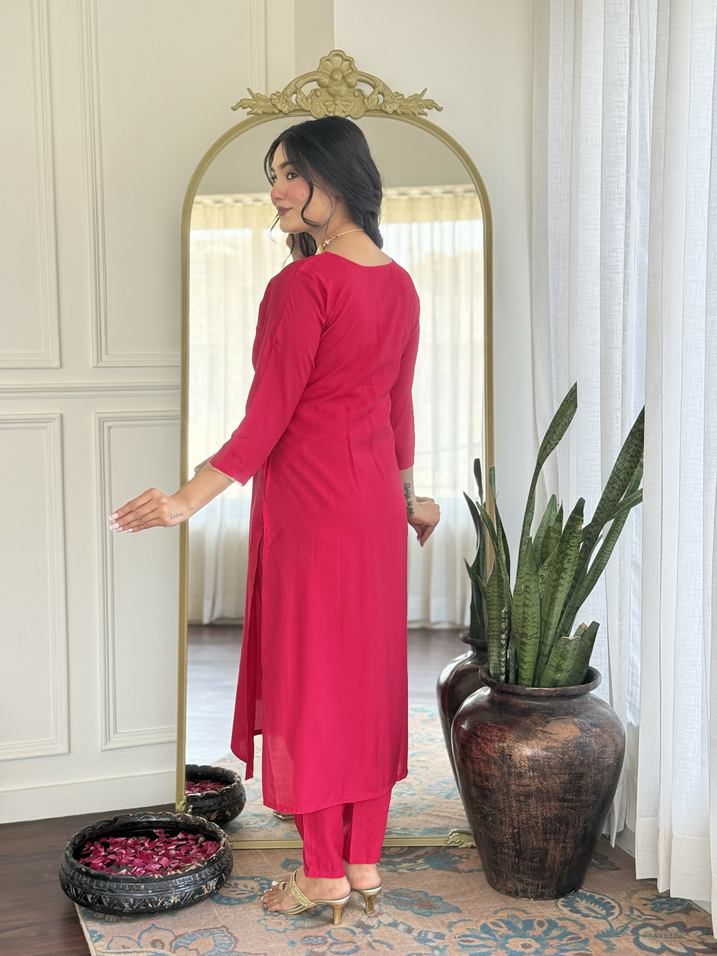 The52 Rani Gorgeous Embroidered Chanderi Silk Fabric Straight Kurta Pant with Dupatta Set