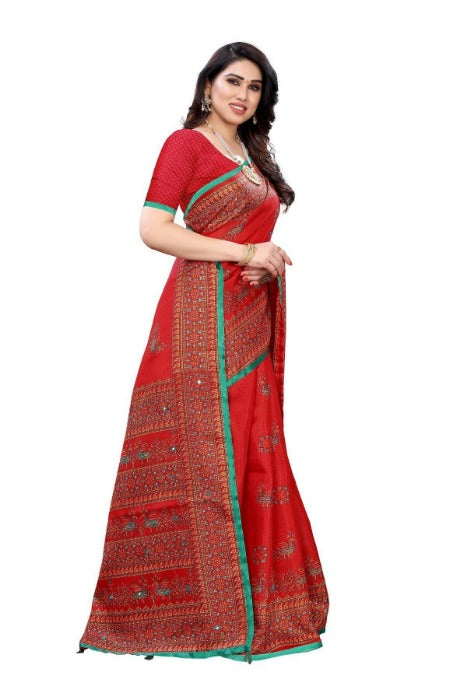 Vamika Red Mirror Work With Jhalar Khadi Silk Saree (AASHI RED)