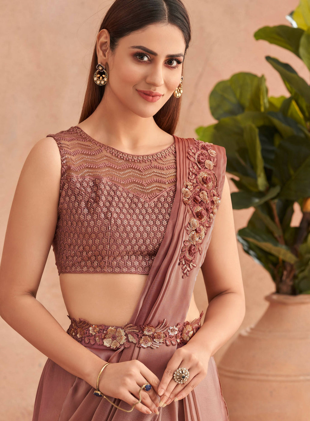 Pink Satin Embroidered Ready To Wear Saree With Unstitched Blouse Piece - Nandika