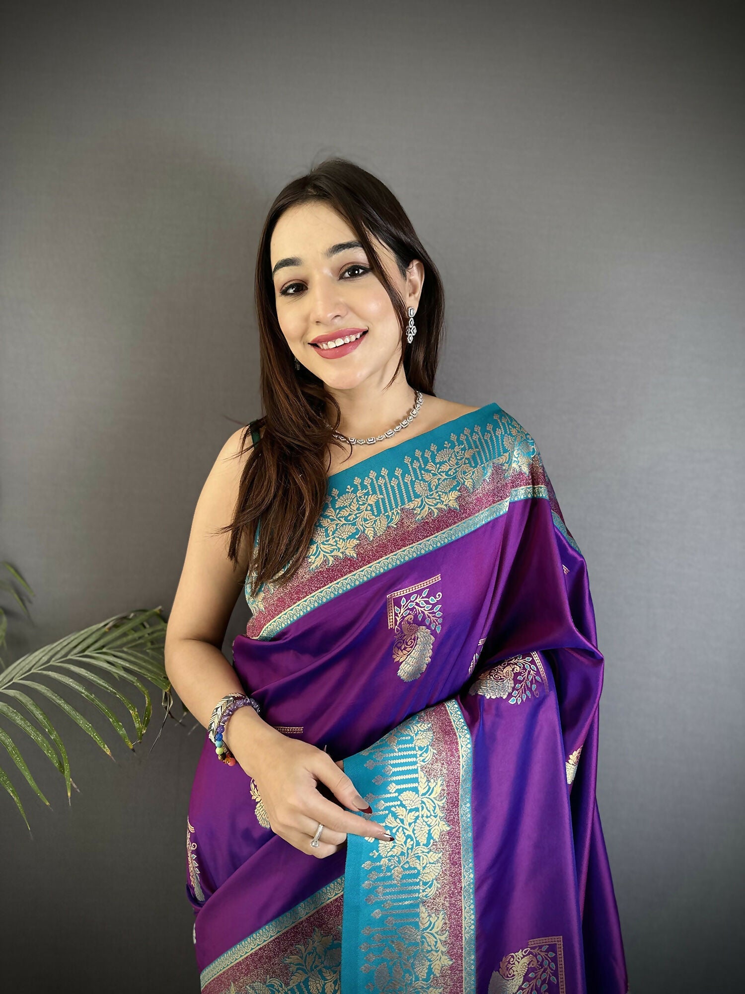 Joban Fashion Purple Banarasi Soft Silk Peacock Butta Work Saree