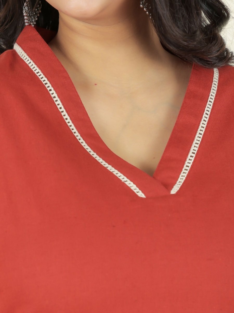 Aramya Red Linen Cotton Solid Straight Kurta for Women
