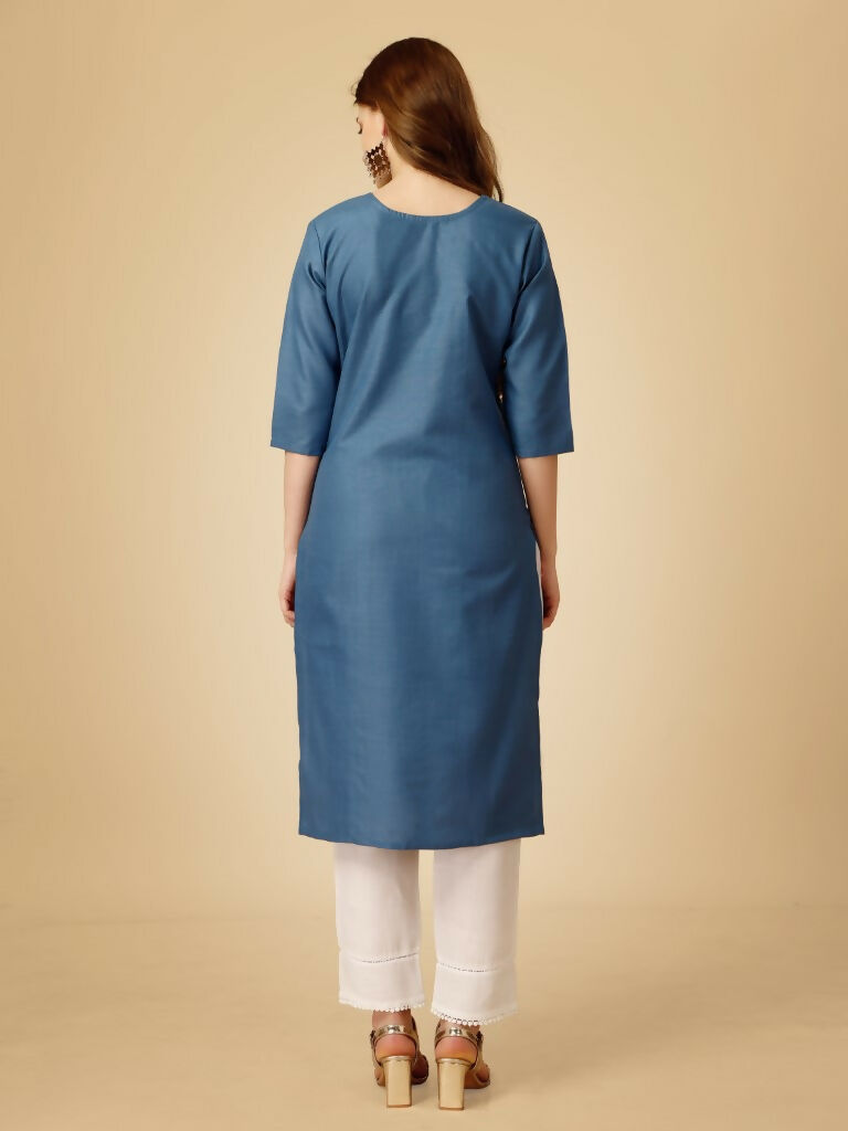 Jyoti Fashion Women's Denim Blue Cotton Blend Embroidered Kurta Pant Set