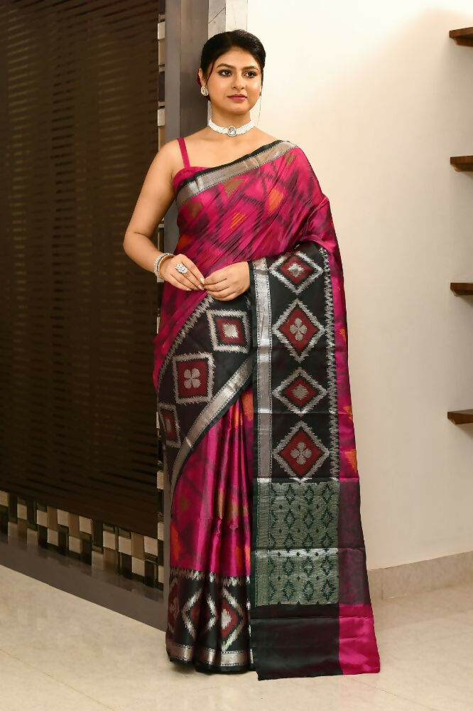 Joban Fashion Black & Pink Saree Kataan Ikkat