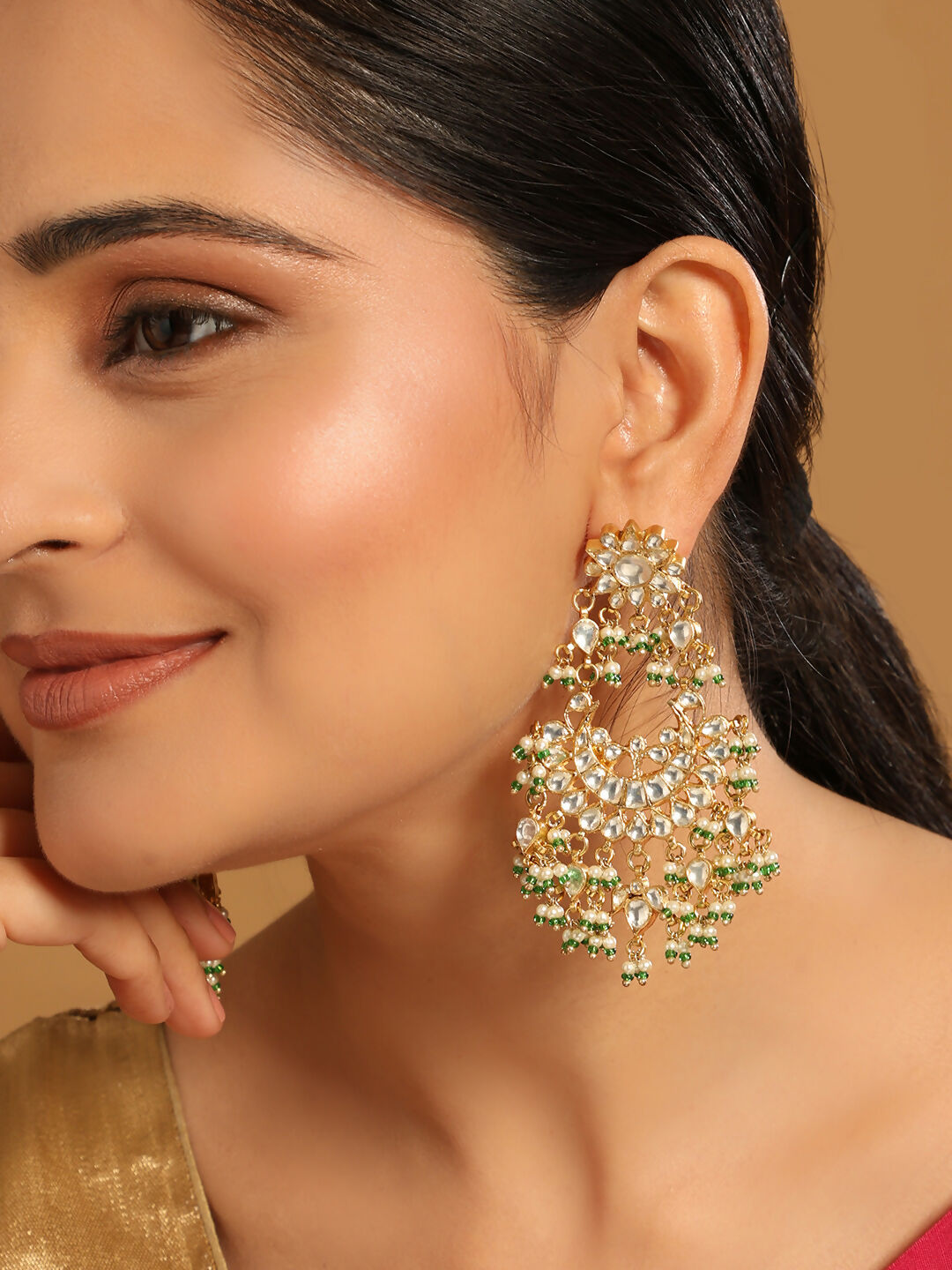 Nuyug 22K Gold-Plated Kundan & Pearl Studded Crescent Shaped Green Beads Chandbalis