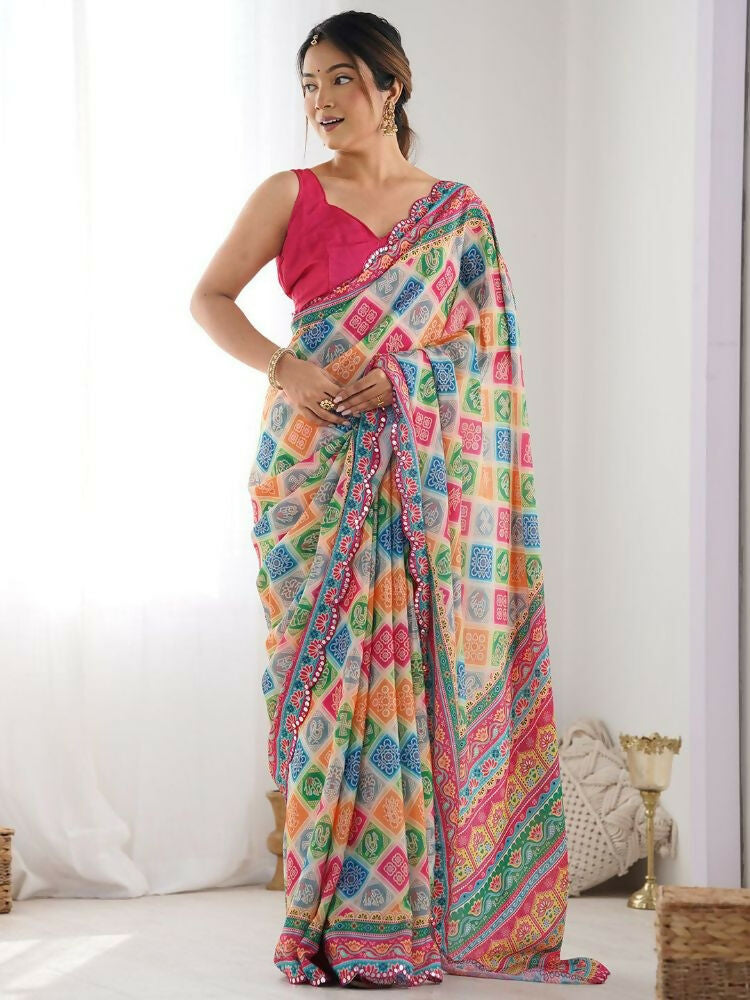 PR Fashion Multi Georgette Digital Print With Mirror Work Saree