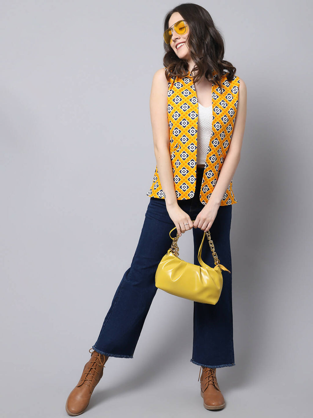 Even Apparels Yellow Viscose Rayon Open Front Women's Waistcoat