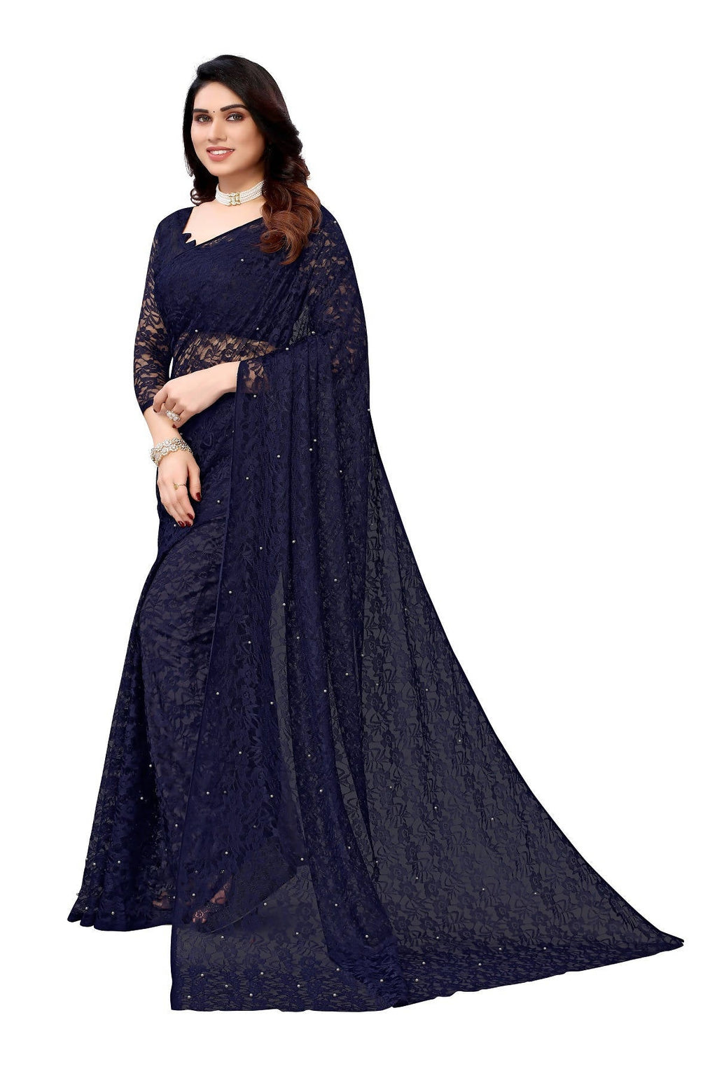 Vamika Ethnic Fire Navy Pearls Net Saree