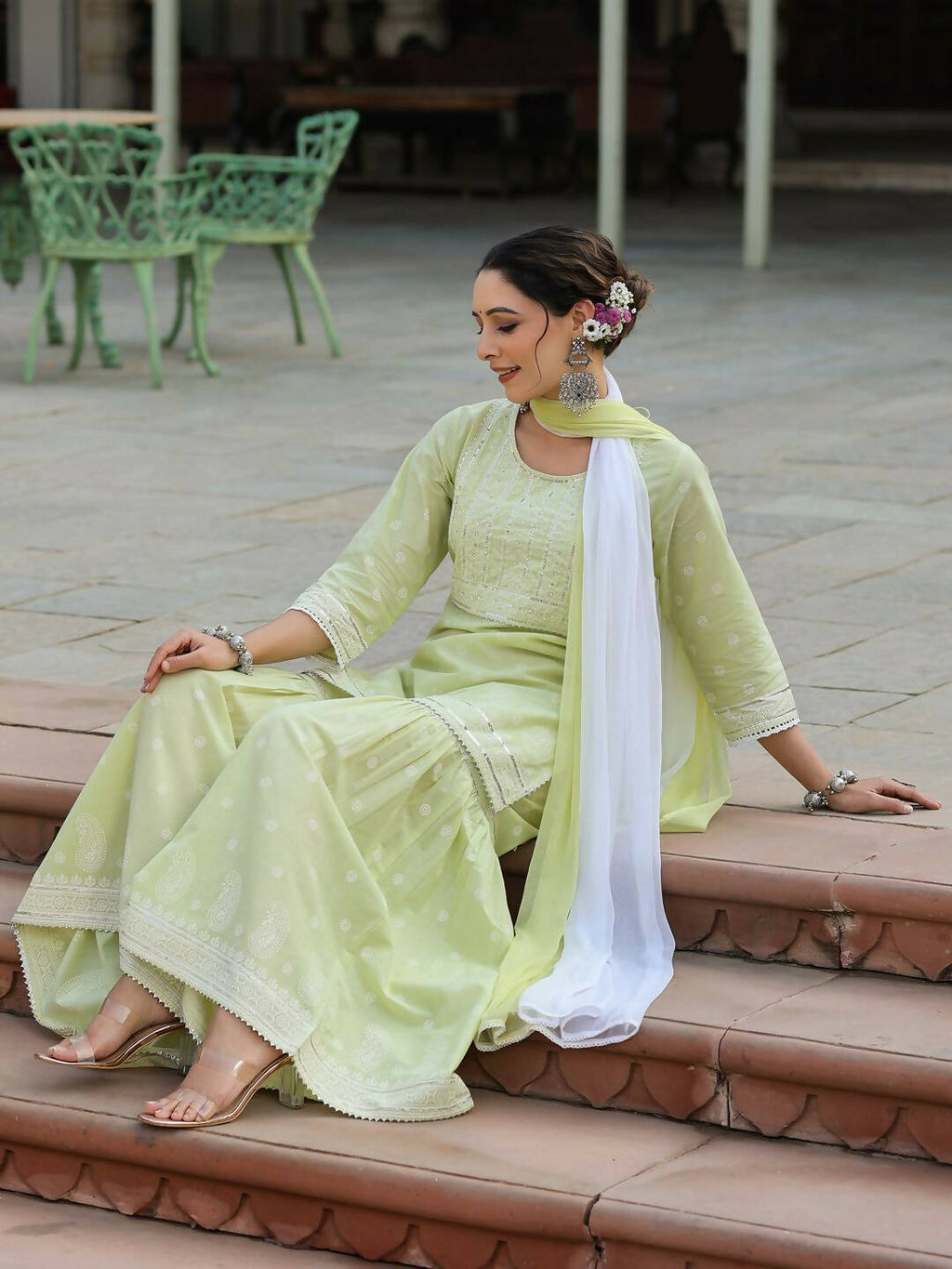 Juniper Women's Lime Green Cambric Floral Print Kurta Sharara Sets