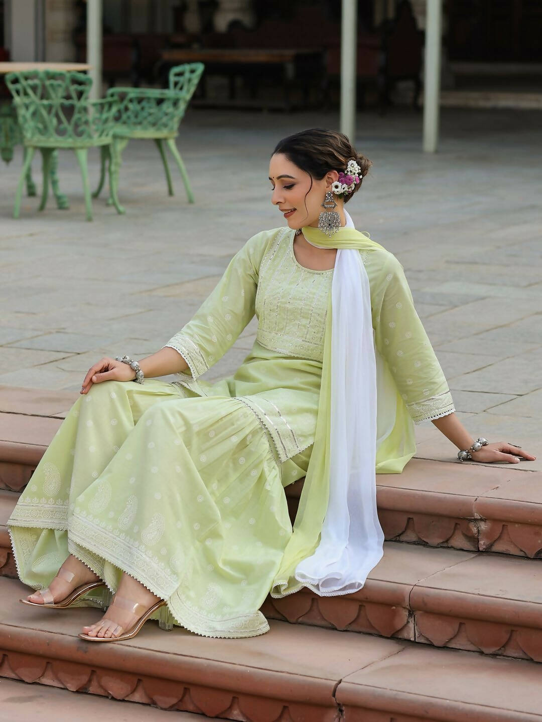 Juniper Women's Lime Green Cambric Floral Print Kurta Sharara Sets