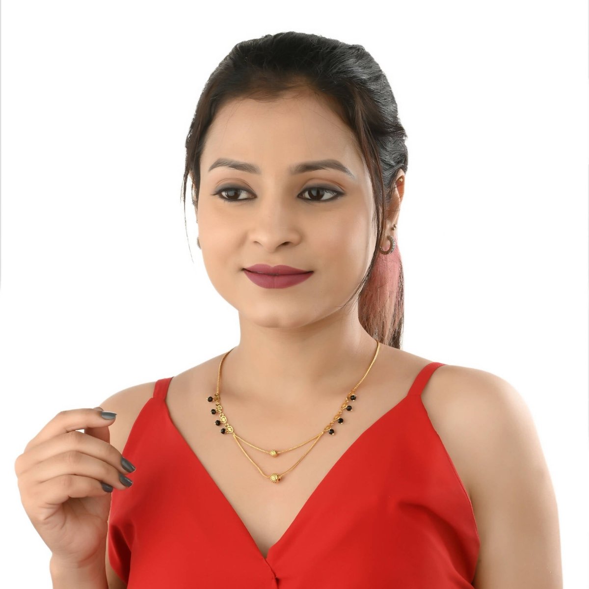 AanyaCentric Gold-Polished Short Mangalsutra Set with Earrings