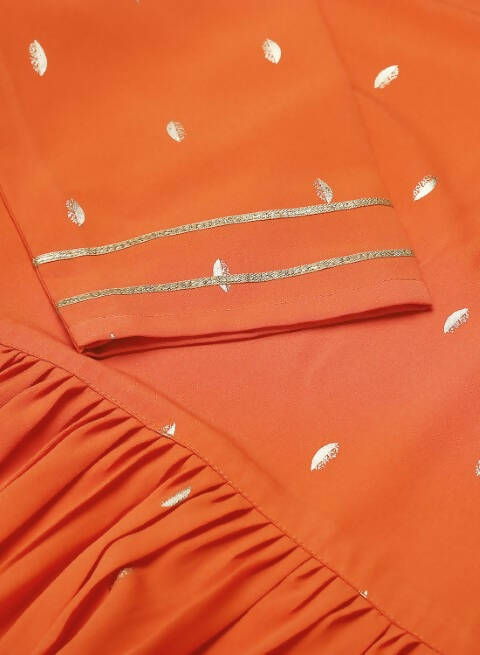 FIORRA Women's Orange Poly Crepe Flared Kurta With Dupatta