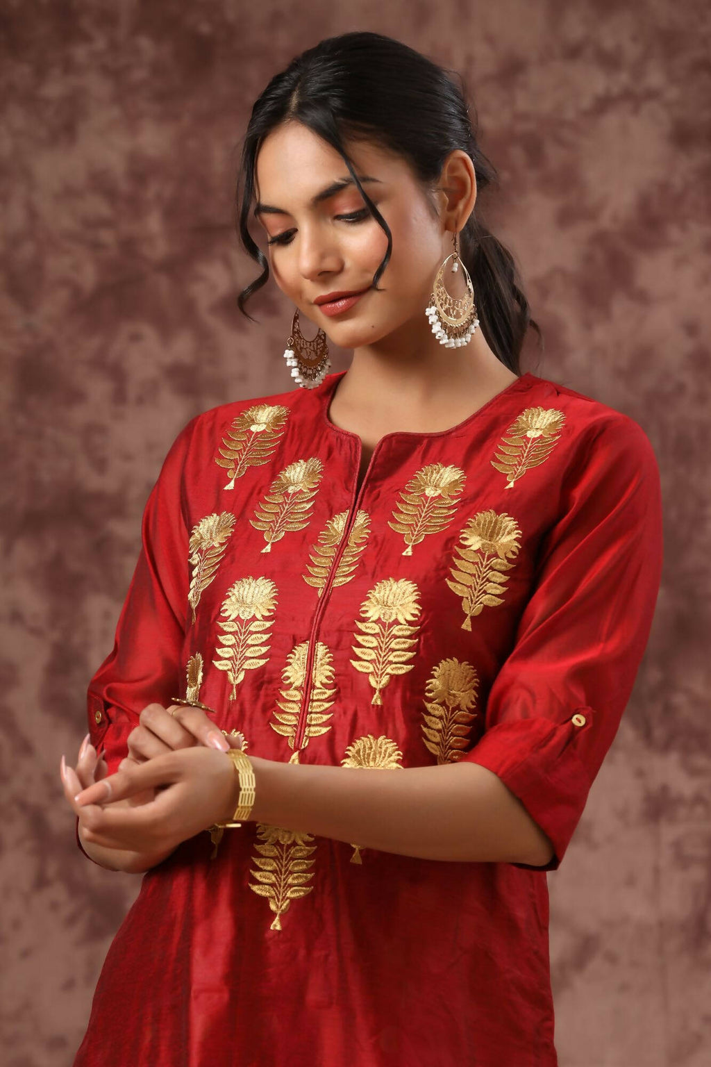 Juniper Women Maroon Chanderi Silk Embroidered & Printed Layered Dress