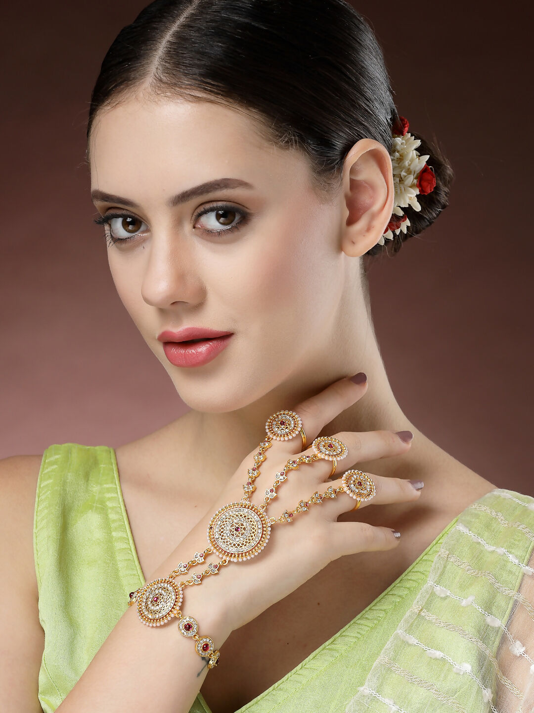 NVR Women's Gold-Polished CZ Stone-Studded Handcrafted Ring Bracelet