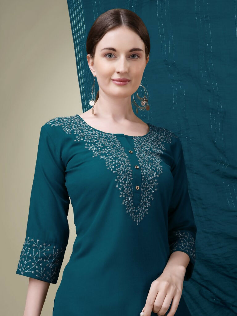 Jyoti Fashion Women's Morpich Cotton Blend Embroidery & Sequence work Kurta with Trouser & Dupatta