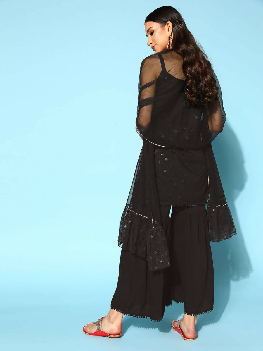 Ahalyaa Women Black Colour Crepe Foil Printed Kurta Sharara Set With Dupatta