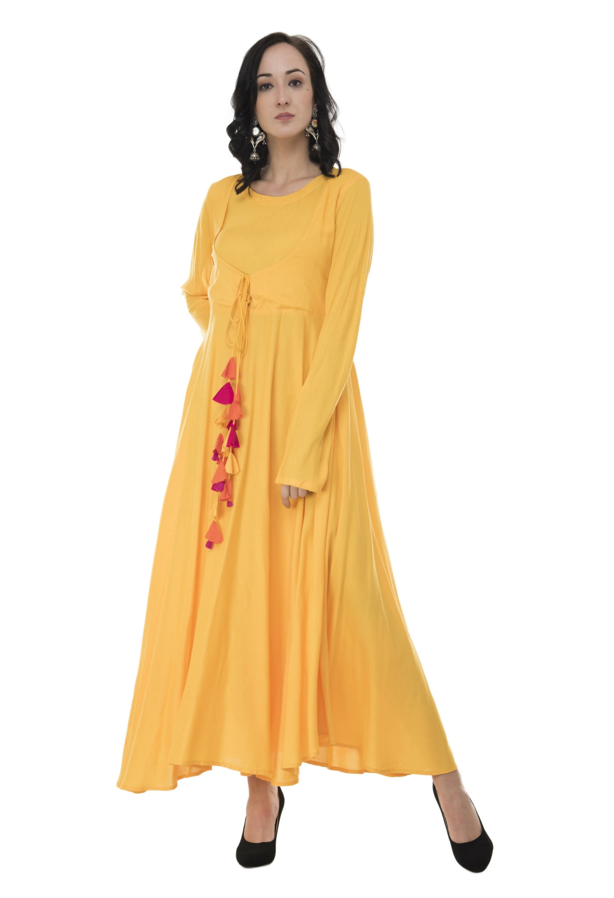 Women's Yellow Flared Kurti With Front Round Neck And Choli Cut With Dori And Tassels - G & A Apparels