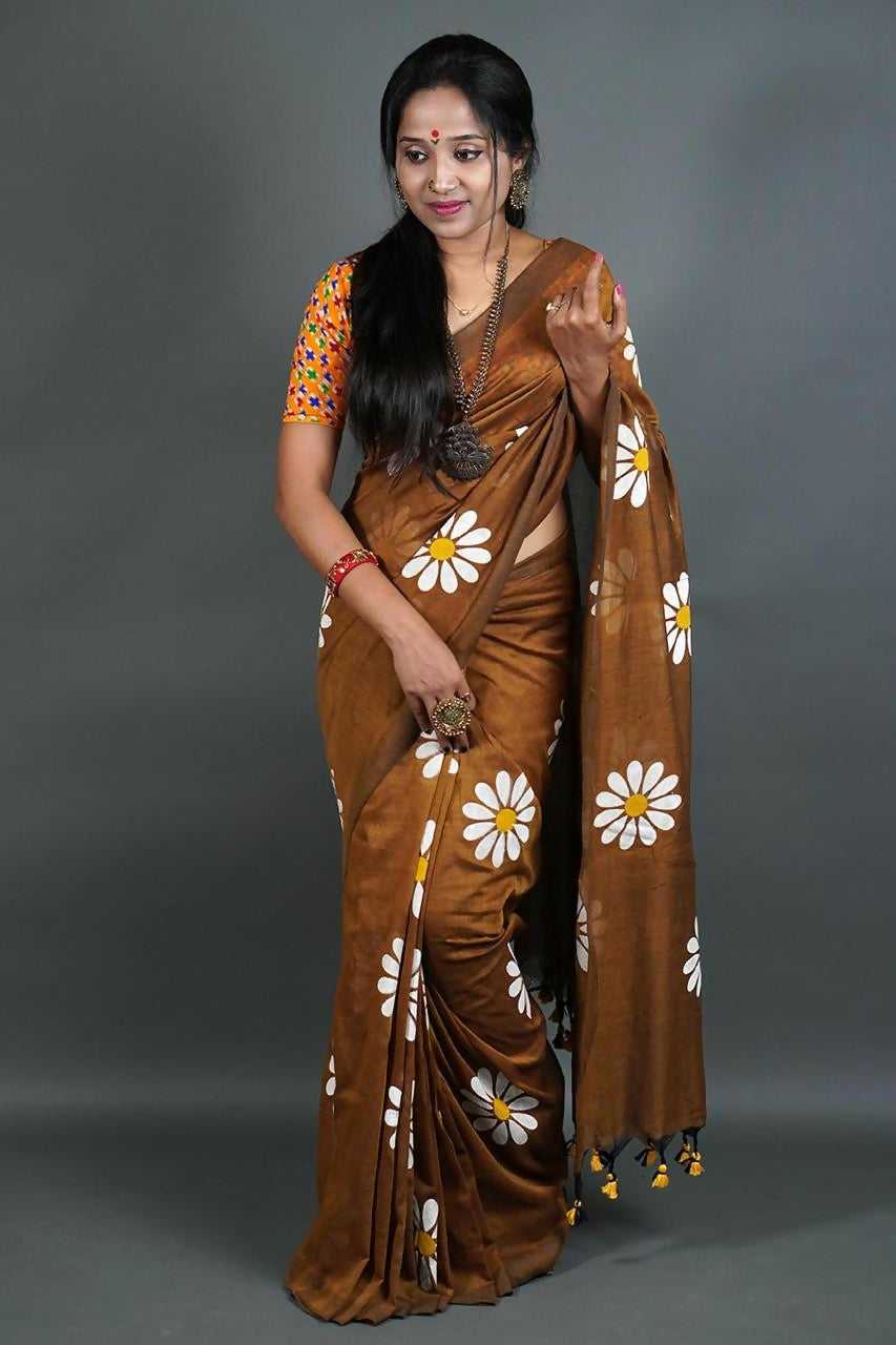 Exclusive Collection Brown Pure Cotton Saree With Sunflower Design
