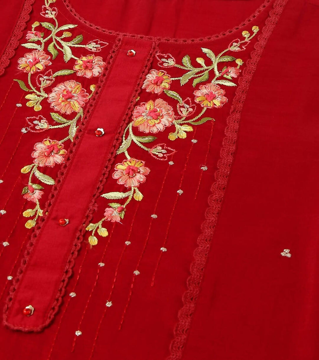 Red Chinon Embroidered Straight Kurta with Trouser & Dupatta - Salimar