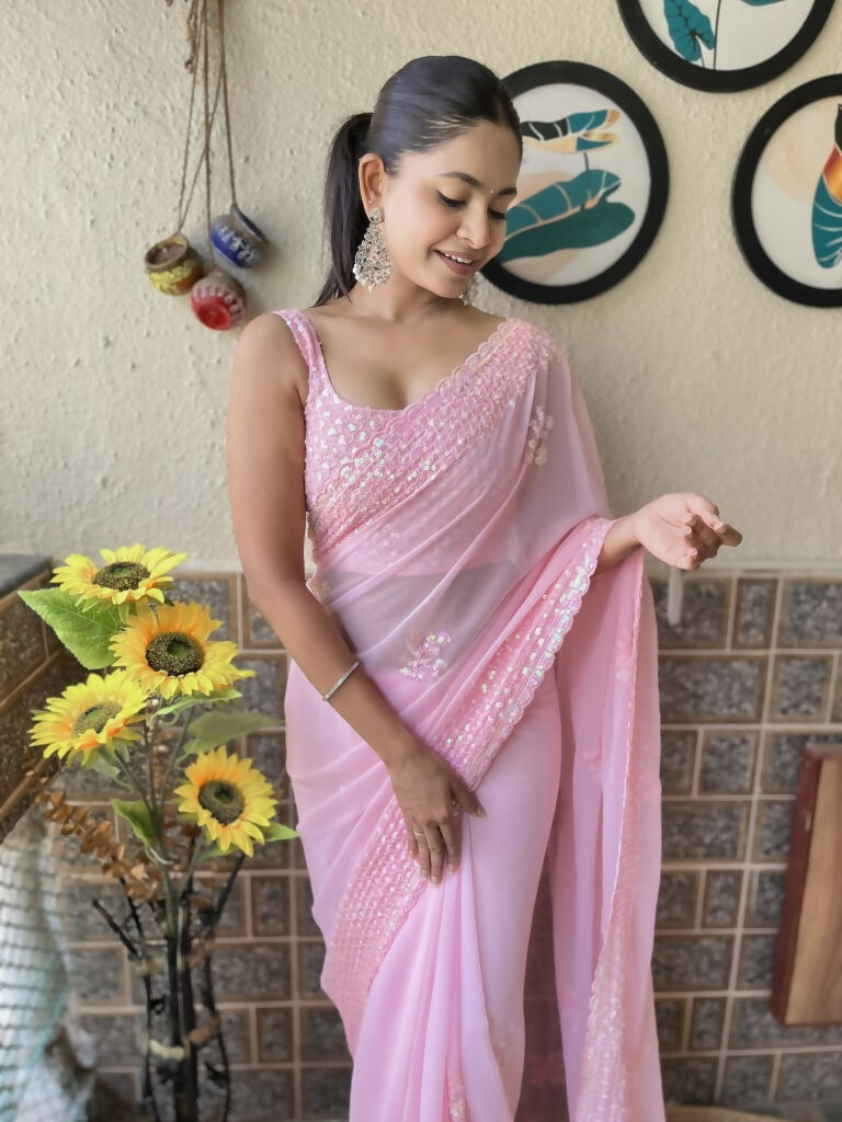 Pink Georgette Sequence Embroidery Cut Work Saree - Saadia