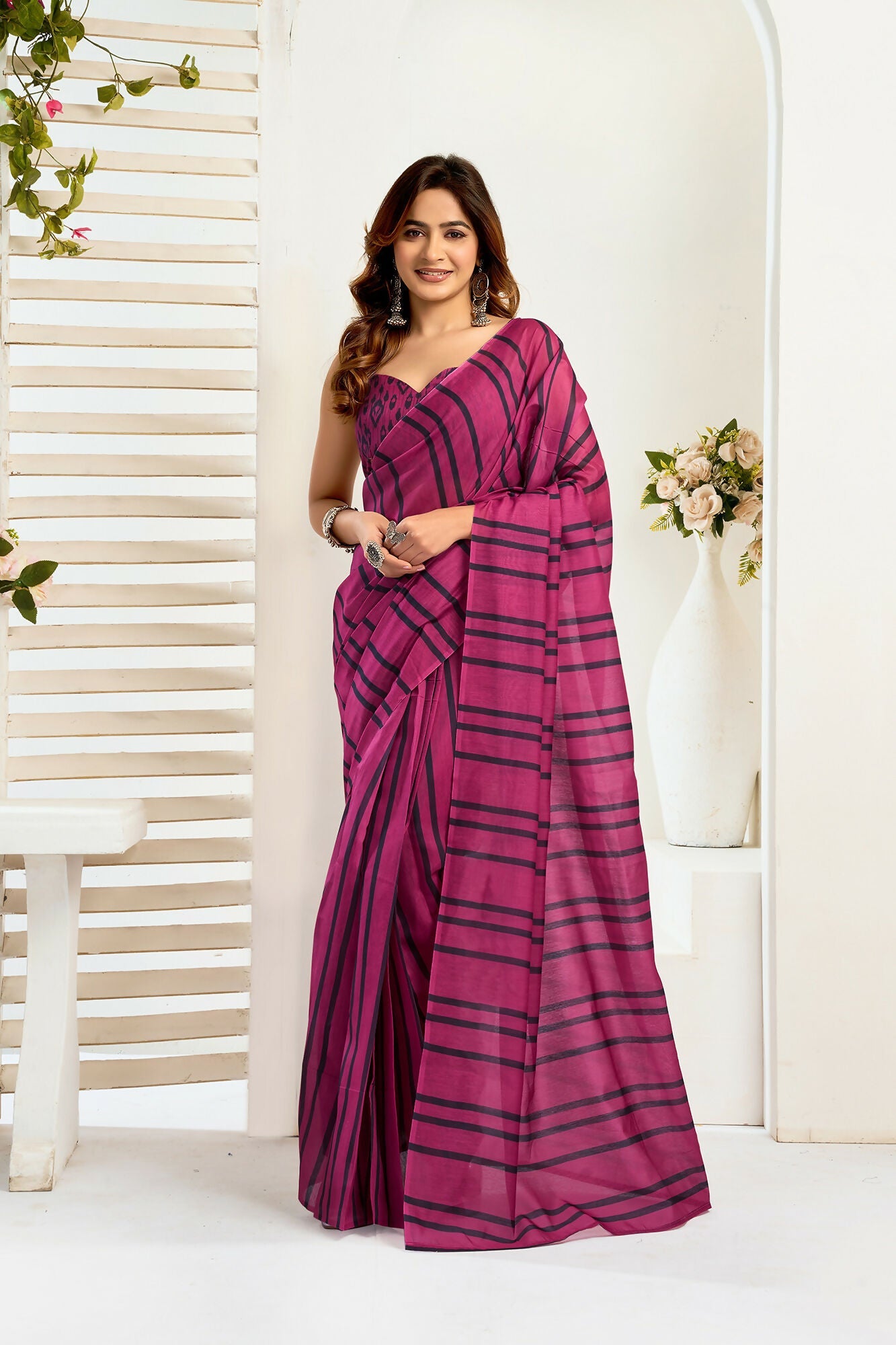 Vastranavya Magenta Digital Printed Linen Ready To Wear Designer Saree with Unstitched Blouse