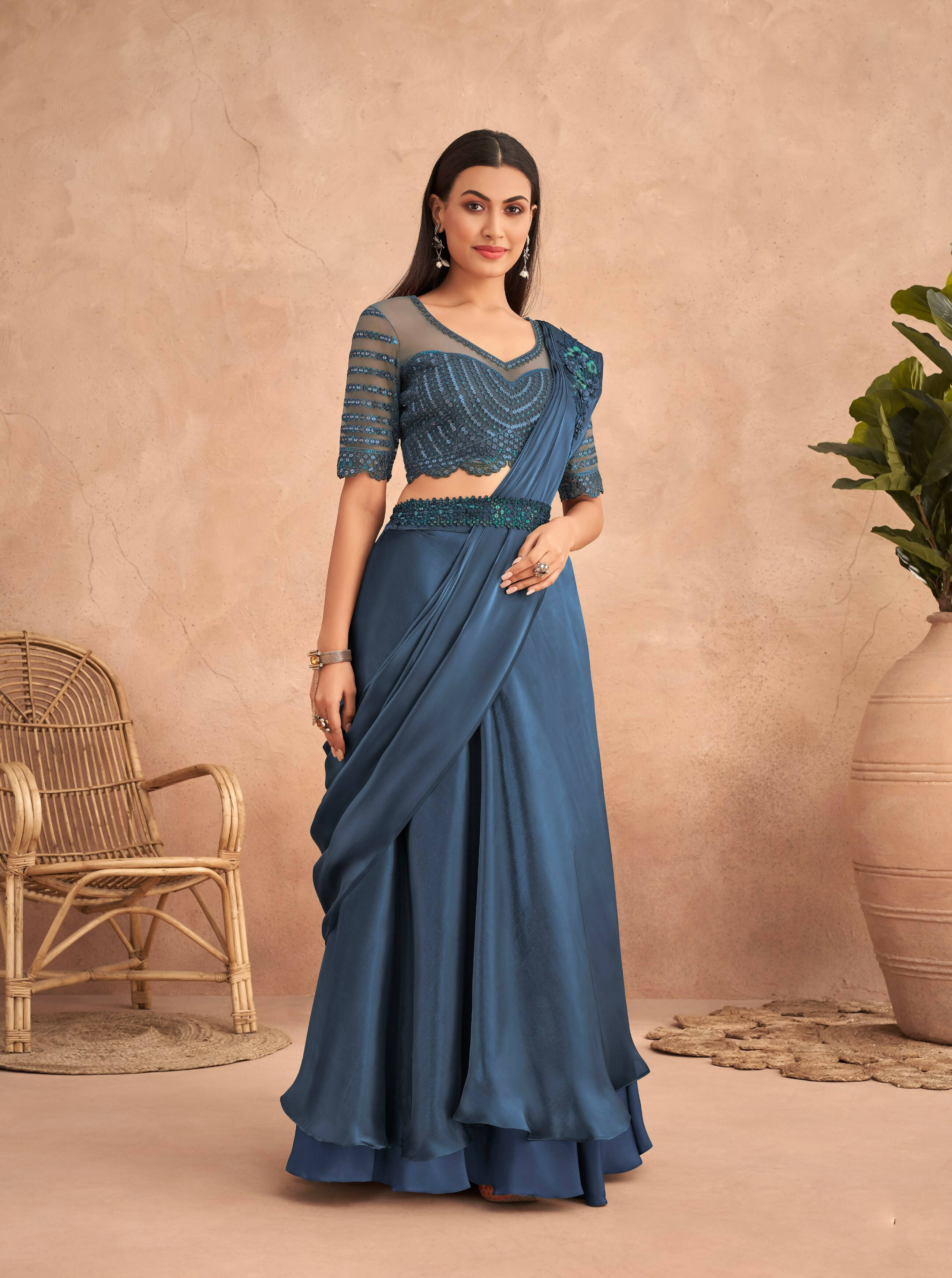 Navy Blue Satin Embroidered Ready To Wear Saree With Unstitched Blouse Piece - Nandika