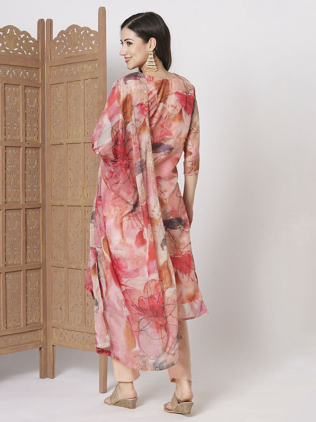Pink Taby Silk Embroidery Work, Printed Kurta Set - Riya