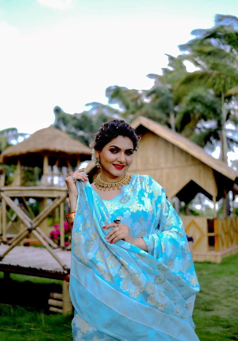 Partywear Designer Sky Blue Jamdani contton Fancy Saree - Starwalk