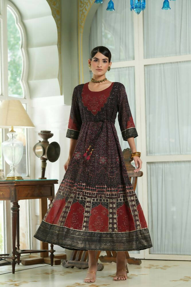 Juniper Black Georgette Festive Printed Anarkali Flared Anarkali Kurta For Women