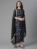 Ahalyaa Women's Black Crepe Digital Print Top Skirt With Shrug