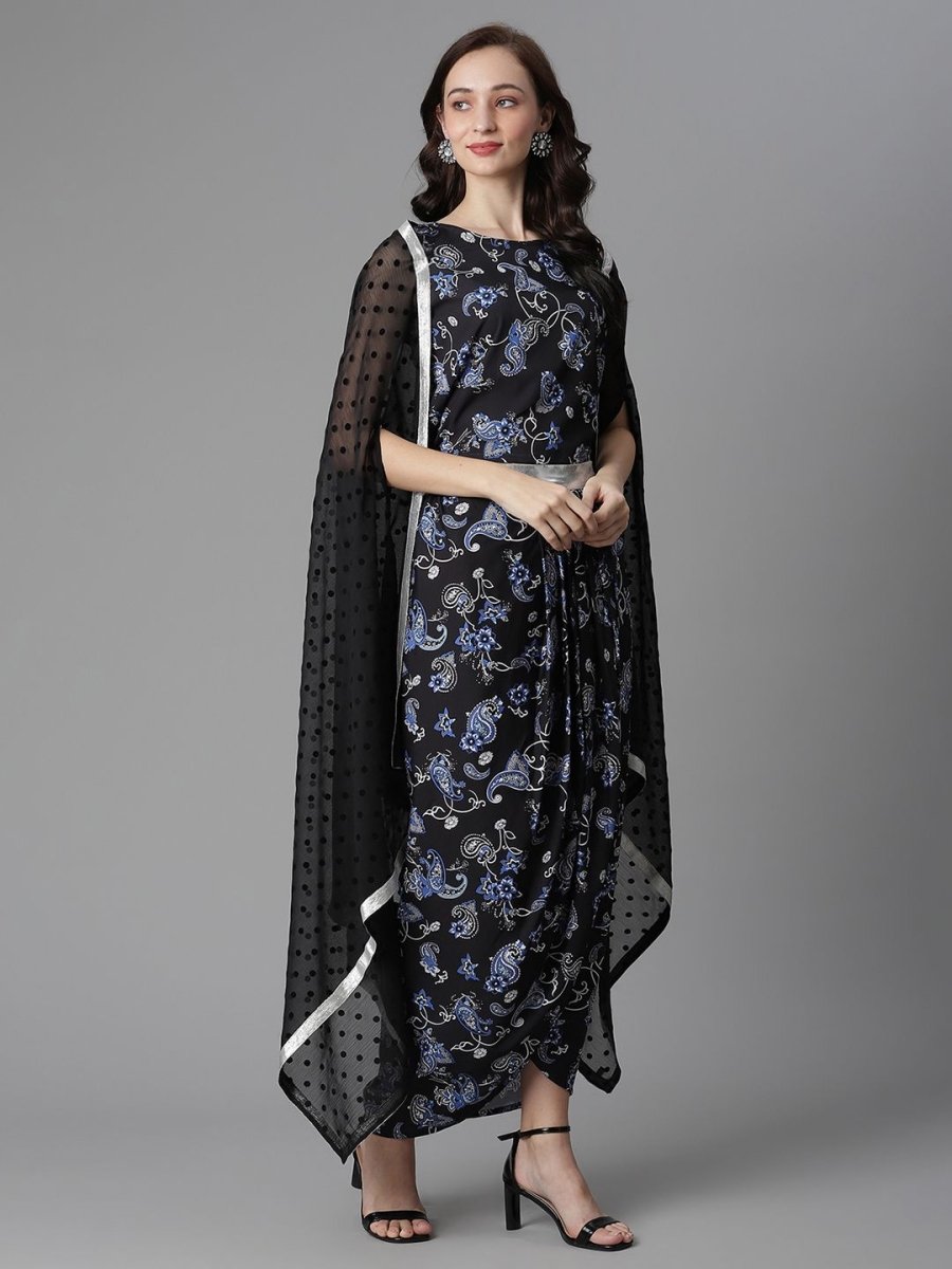 Ahalyaa Women's Black Crepe Digital Print Top Skirt With Shrug