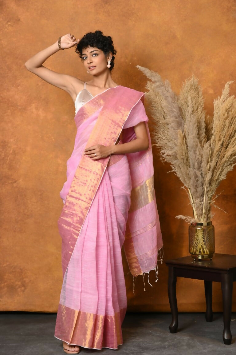 Very Much Indian Handloom Pure Cotton Linen Saree With Golden Border - Pink