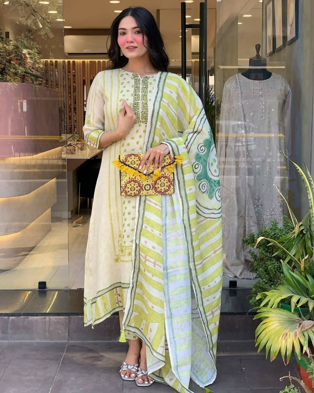 The52 Multi Women's Gorgeous Linen Silk Fabric Embroidered Work Straight Kurta Pant and Dupatta Set