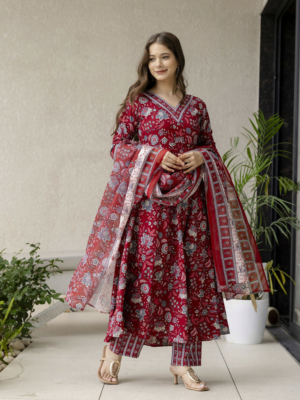 The52 Maroon Women's Gorgeous Rayon Fabric Printed Work Flared Kurta, Pant and Dupatta Set