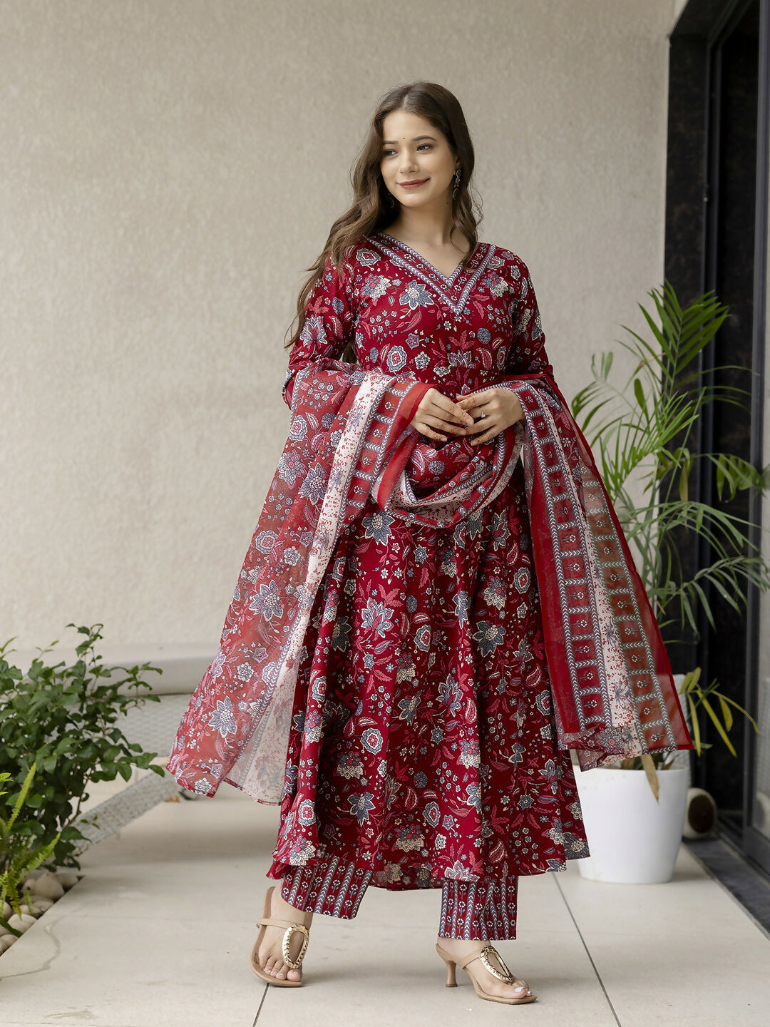 The52 Maroon Women's Gorgeous Rayon Fabric Printed Work Flared Kurta, Pant and Dupatta Set